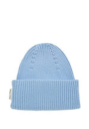 Light blue knitted beanie hat with a ribbed cuff, featuring a smooth texture and decorative stitch pattern on the top portion.