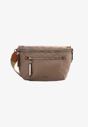 Bolso bandolera beige con dos cremalleras plateadas, tiradores de cremallera de cuero marrón, correa ajustable de tono beige y pequeño logo de la marca en el frontal.