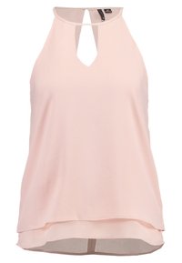 Top senza maniche rosa con collo a halter, caratterizzato da un'apertura a forma di chiave e un orlo curvo. Realizzato in tessuto leggero e testurizzato.