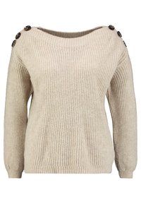 Maglione beige con una texture a coste, scollatura ampia e tre bottoni decorativi sulla spalla. Maniche lunghe e vestibilità comoda.