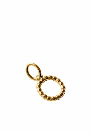 Colgante circular de oro con pequeñas cuentas redondeadas formando un anillo, unido a un lazo de oro liso para cadena o pulsera.