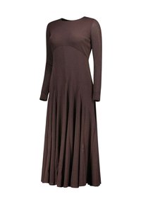 Robe marron à manches longues avec encolure ronde, jupe plissée et corsage ajusté, faite d'un tissu doux au toucher lisse.