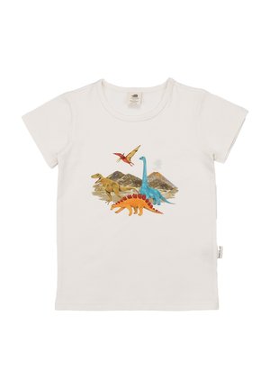 Weißes kurzärmeliges Kleinkind-T-Shirt mit bunten Illustrationen von vier Dinosauriern und einem Hintergrund aus Bergen und einem Vulkan.