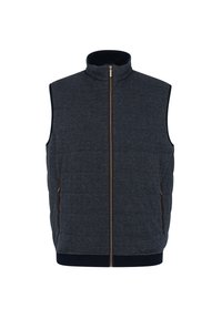 Gepolsterte marineblaue Weste mit hohem Kragen, durchgehendem Reißverschluss, Fischgrätmuster und Seitentaschen. Gerippter Saum und Armöffnungen.