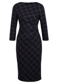 Robe à carreaux sombres en tissu texturé, avec des manches trois-quarts, une silhouette cintrée et une fermeture éclair dans le dos.