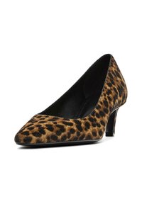 Bottines à talon moyen pour femme avec un bout pointu et un motif léopard dans des tons de marron et noir.