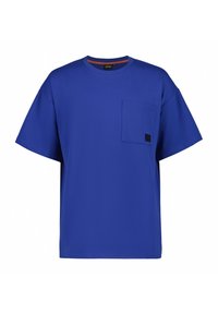 Blå bomulds T-shirt med Rund hals, korte ærmer og en enkelt brystlomme. Har et lille firkantet mærke på lommen.