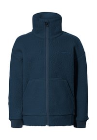 Marinefarget fleecejakke med høy krage, frontglidelås og to store sidelommer. Teksturert materiale og ribbede mansjettdetaljer.