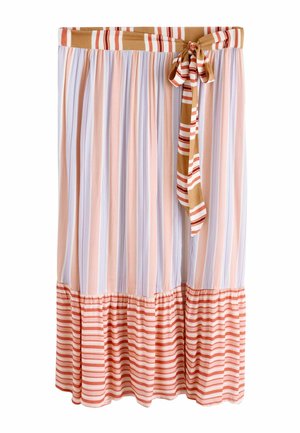 Sukňa s vertikálnymi pastelovými pruhmi a širokým pásom so zviazanou mašľou v hnedých, bielych a oranžových vodorovných pruhoch.