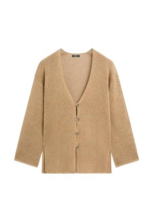 Cardigan beige in maglia con scollo a V, maniche lunghe, quattro bottoni frontali e spacchi laterali all'orlo.