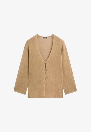 Beige gebreide cardigan met V-hals, lange mouwen, vier knopen aan de voorkant en zijsplitten aan de zoom.