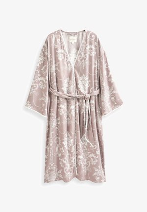 Rochie de tip kimono cu model floral, de culoare mov pal, cu accente albe. Are mâneci largi, talie cu cordon și o țesătură texturată.