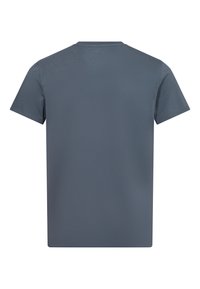 Grå bomulds t-shirt med korte ærmer, rund hals, tekstureret overflade og ren kant. Bagvisning fremhæver det enkle, udekorerede design.