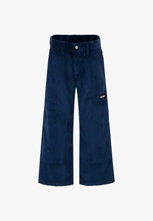 Marineblauwe corduroy broek met wijde pijpen en een geweven ribbelpatroon, voorzien van zijzakken en een sluiting met een knoop aan de voorkant.