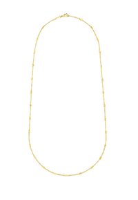 Collier en ton doré présentant un design de chaîne complexe avec de petits maillons et des accents ronds, fini avec un fermoir à homard.