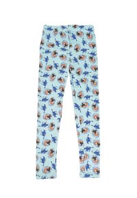 Legginsy z jasnoniebieskim tłem i powtarzającym się wzorem postaci oraz niebieskimi sylwetkami zwierząt, wykonane z elastycznego materiału.