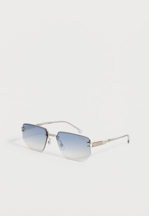 Rectangular frameless sunglasses with silver metal arms and blue gradient lenses on a white background.