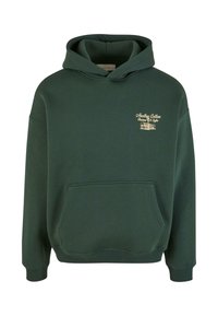 Green cotton hoodie with a front pocket, drawstring hood, and gold logo detailing on the chest. Soft texture with ribbed cuffs.