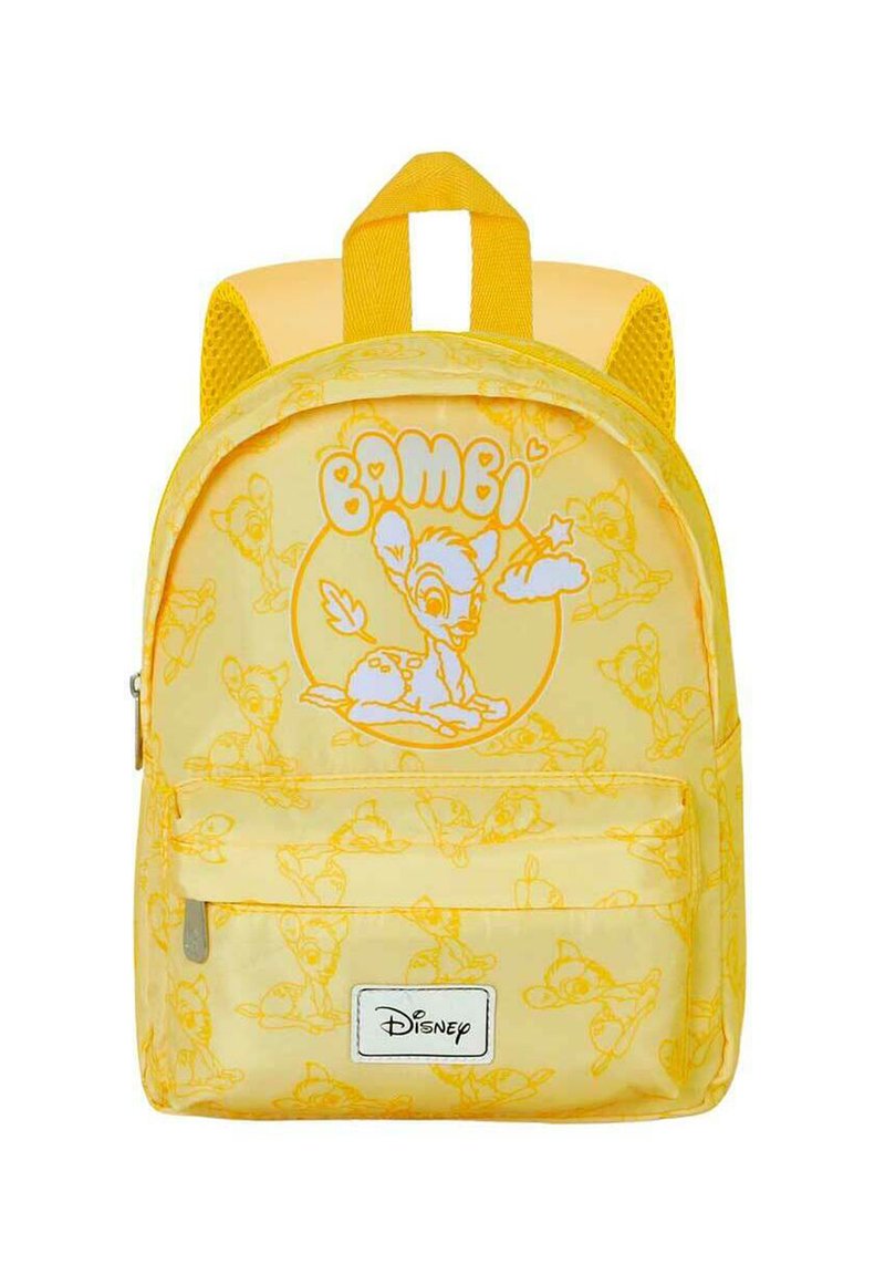 Mochila amarilla hecha de tela duradera, con un gráfico de Bambi en tonos más claros. Tiene correas acolchadas y un bolsillo delantero con cremallera.