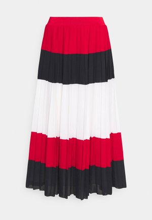 Pleated midi skirt with horizontal color blocks in red, black, white, red, and black, featuring a wide red waistband.