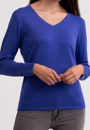 Femme portant un pull bleu à manches longues avec col en V et un pantalon gris, les mains légèrement jointes à la taille, devant un fond uni.