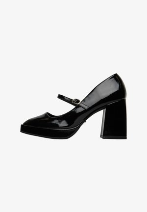 Czarne lakierowane buty Mary Jane z zaokrąglonym noskiem, paskiem wokół kostki i masywnym obcasem, charakteryzujące się gładką fakturą i platformą.
