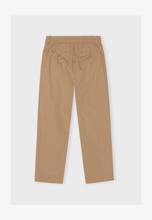 Bežové látkové kalhoty s elastickým pasem, dvěma zadními kapsami s knoflíkovými detaily a rovnými nohavicemi. Hladký povrch bez vzoru.