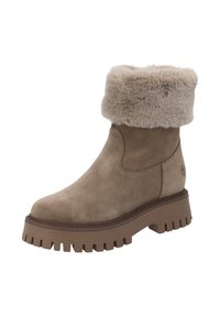 Stivaletto alla caviglia in camoscio beige con polsino in pelliccia sintetica. Suola piattaforma spessa marrone con bordo dentellato. Cuciture dettagliate sulla parte superiore.