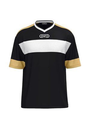 Schwarzes Sportshirt mit einem breiten weißen horizontalen Streifen, goldenen Akzenten an Ärmeln und Schultern und dem "JAKO SPORT"-Logo auf Brust und Kragen.