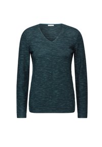 Maglione lungo a maniche lunghe color teal scuro con scollo a V. Presenta un motivo testurizzato con sottili variazioni di colore e una silhouette aderente.