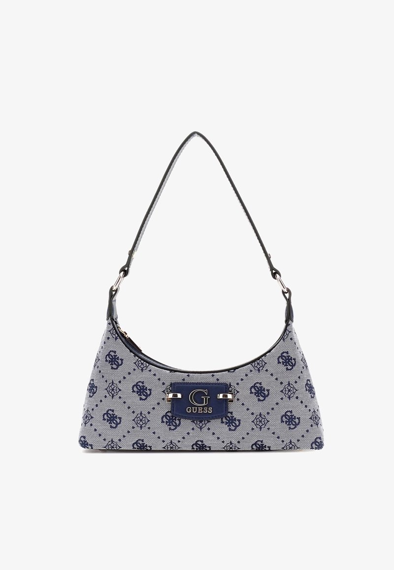 Borsa realizzata in tessuto stampato blu e grigio con una forma curvata, dotata di una tracolla nera e di una placca con logo sul davanti.