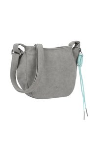 Graue Wildledertasche mit rundem Design, verstellbarem Tragegurt und einem geflochtenen mintgrünen Akzent an der Seite.