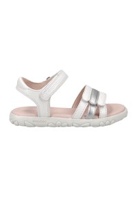 Sandali bianchi con accenti argento, cinturini regolabili, soletta rosa chiaro, suola bianca con texture e motivo floreale, realizzati in materiali traspiranti.
