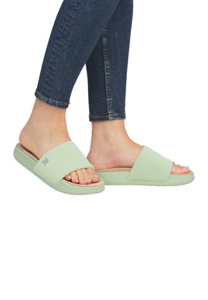 Light green slide sandals with a smooth upper and cushioned footbed, featuring a rubber sole and minimal branding on the strap.