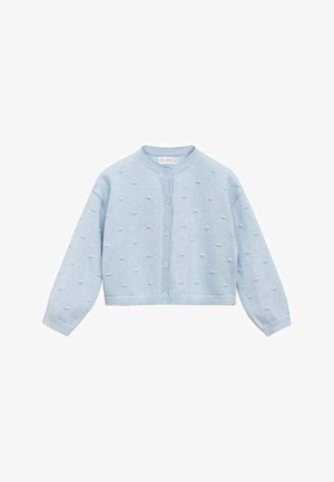 Ljusblå stickad cardigan med rund hals, knäppning fram och texturerad puffmönster över hela tyget. Långa ärmar med ribbade muddar.