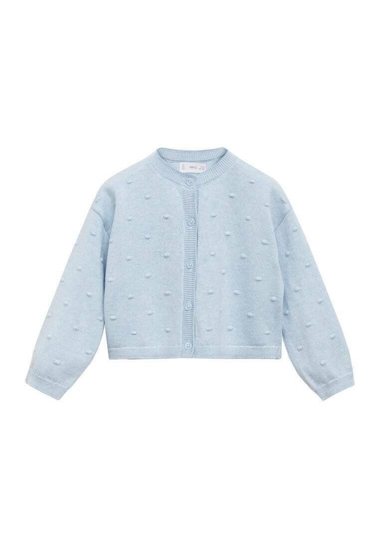 Ljusblå stickad cardigan med rund hals, knäppning fram och texturerad puffmönster över hela tyget. Långa ärmar med ribbade muddar.