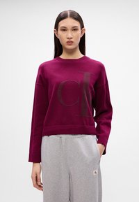 Burgundijas krāsas adīts sporta krekls ar īsu dizainu un ribotu apakšmalu. Priekšpusē ir liels tumšs "CK" logo un garas piedurknes.