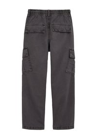 Dunkelgraue Cargo-Hosen mit elastischem Bund, zwei Seitentaschen und zwei Gesäßtaschen. Hergestellt aus strapazierfähigem Stoff mit glatter Textur.