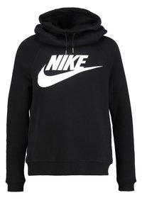 Svart Nike-hoodie med vitt logo och swoosh på framsidan, med dragsko i huvan och långa ärmar.