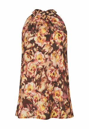 Sleeveless halter-neck top with a pink, yellow, and brown floral pattern on a flowy fabric.