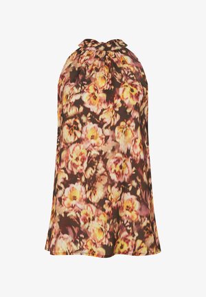 Sleeveless halter-neck top with a pink, yellow, and brown floral pattern on a flowy fabric.