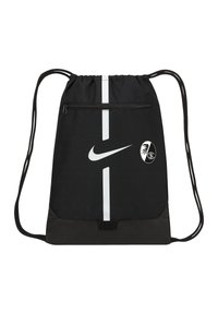 Zwarte rugzak met trekkoord, gemaakt van duurzaam materiaal, met een groot wit Nike-logo, een verticale witte streep en een voorzak met ritssluiting.