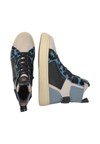 High-top sneakers featuring a mix of beige suede, black leather, and blue patterned fur. Includes black laces and a textured rubber sole.