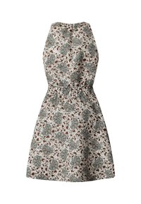 Mouwloze jurk met een taille die is aangezet, uitgerafelde rok, met een ingewikkeld bloemmotief in bruine, groene en witte tinten.