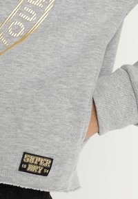 Grijze sweatshirt met een geribbelde manchette en zoom, voorzien van gouden reliëfletters en een zwart logo-opdruk met witte tekst aan de onderkant.