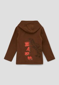 Bruine hoodie met lange mouwen, voorzien van een dinosaurusafbeelding en het woord "MARS" in dikke, rode letters. Zacht katoenmateriaal en een standaard capuchon.