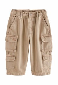 Beige cargo shorts dengan waistband elastis, beberapa kantong samping, dan kain campuran katun yang tahan lama. Memiliki detail jahitan.