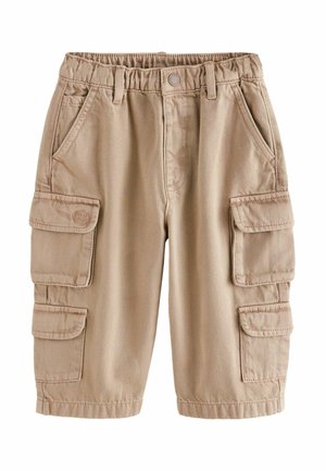 Pantaloni cargo beige con vita elastica, numerose tasche laterali e un resistente tessuto misto cotone. Presentano dettagli cuciti.
