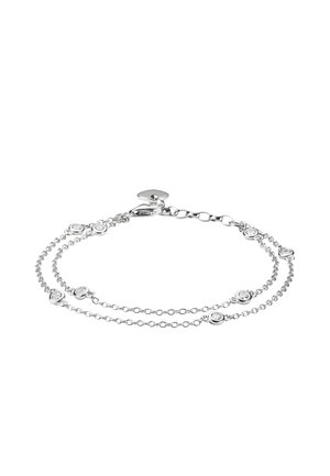 Delicato bracciale a doppia catena in argento con piccole pietre trasparenti rotonde incastonate a castone, distribuite uniformemente, fissato con chiusura a moschettone e maglie regolabili.