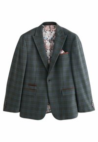 Grøn rutet blazer med blomsterforing, har brune detaljer på lommer og manchetter, to forlommer og en spids krave.